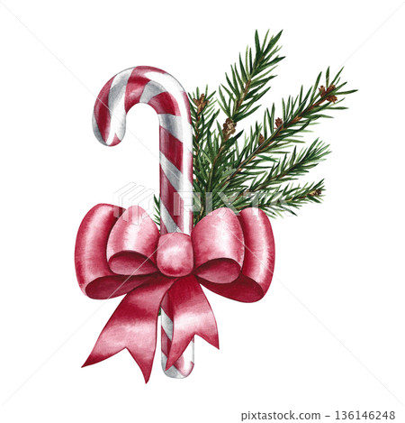 Christmas candy cane decorated with a red bow and fir twigs. Hand-drawn watercolor illustration. Isolate. Element of your design. Perfect for Christmas cards, posters, banners, packaging, and more. Christmas candy cane decorated with a red bow and fir twigs. Hand-drawn watercolor illustration. Isolate. Element of your design. Perfect for Christmas cards, posters, banners, packaging, and more. 136146248