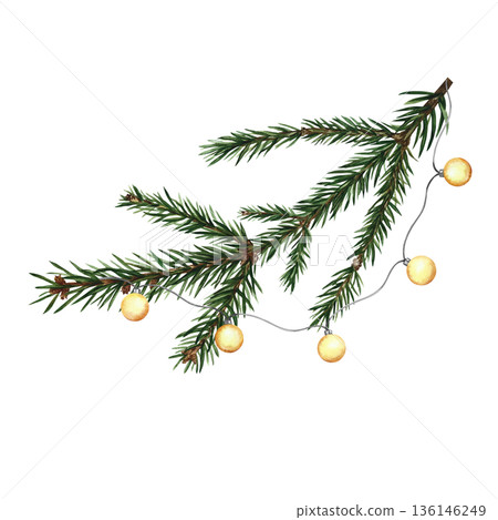 Garland on a spruce branch. Hand-drawn watercolor illustration. Isolated. An element of your Christmas and New Year design for greeting cards, posters, banners, packaging, and more. Garland on a spruce branch. Hand-drawn watercolor illustration. Isolated. An element of your Christmas and New Year design for greeting cards, posters, banners, packaging, and more. 136146249