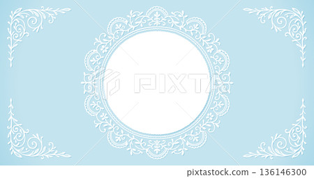 白色蕾絲圓形邊框，淺藍色背景。清新復古風格的橫幅素材。 136146300