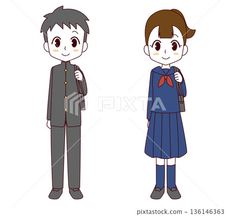 一組插圖,描繪了身穿校服的男孩和身穿水手服的女孩。 一組插圖,描繪了身穿校服的男孩和身穿水手服的女孩。 136146363