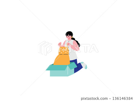 一名女子正在打開一箱送來的貨物。 136146384