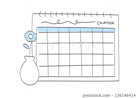 A simple and cute line drawing calendar and a vase with a single flower A simple and cute line drawing calendar and a vase with a single flower 136146414
