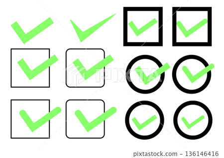 Set of fluorescent green check marks and ticks 136146416