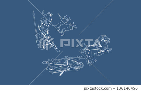 一幅描繪春季鑽石漂浮在深藍色背景上的插圖（背景上有白色的星座圖案和星座線） 136146456