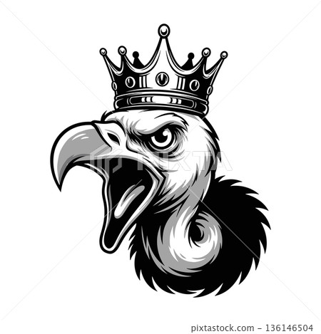 A bold black vector vulture head with open beak mascot wearing crown. A silhouette vulture Heads vector illustration 136146504