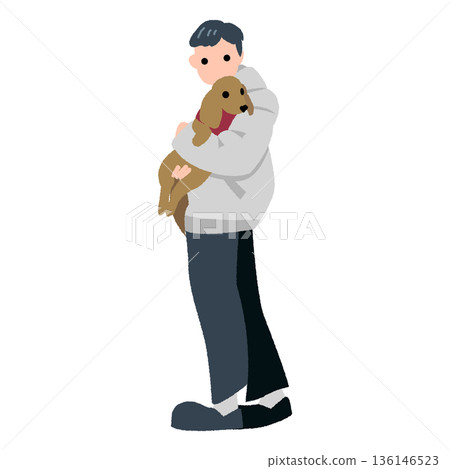 向量插圖，描繪了一名男子抱著一隻穿著狗衣服的迷你臘腸犬。 136146523