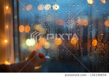 透過凝結的窗戶看到的夜景城市燈光，以及房間裡的溫暖 136146650