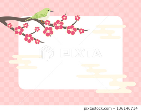 Pink Japanese pattern background with plum blossoms and Japanese white-eye 136146714