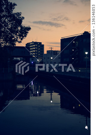 Cityscape at dusk and Kayakawa Water Gate, Chuo Ward, Chiba City 136146853