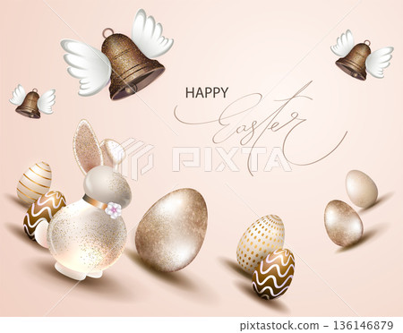 Happy Easter. Festive beige card with an Easter bunny and eggs Happy Easter. Festive beige card with an Easter bunny and eggs 136146879