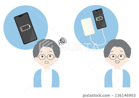 一名男子正費力地擺弄著沒電的手機，而另一名面帶笑容的男子則在用手機充電器充電。 136146903