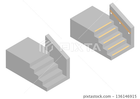 Illustration material of an isometric staircase before and after installing handrails and anti-slip devices 136146915