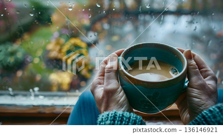雨天，在窗邊捧著一杯熱飲，享受一段愜意的時光。 136146921