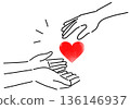 A simple line drawing of a hand receiving a heart with both hands 136146937