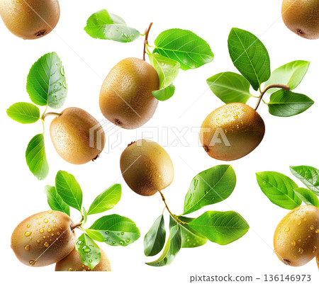 Ripe kiwi fruits with fresh green leaves and water droplets isolated on white background, freshness and organic fruit concept Ripe kiwi fruits with fresh green leaves and water droplets isolated on white background, freshness and organic fruit concept 136146973