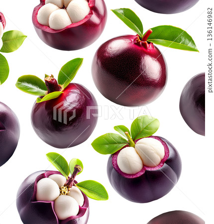 Whole and halved mangosteen fruits with green leaves isolated on white background, concept of tropical exotic fruits pattern 136146982