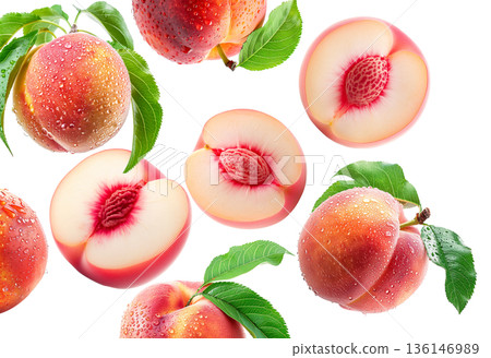 Whole and halved ripe peaches with green leaves and water droplets on white background, freshness and natural fruit concept 136146989
