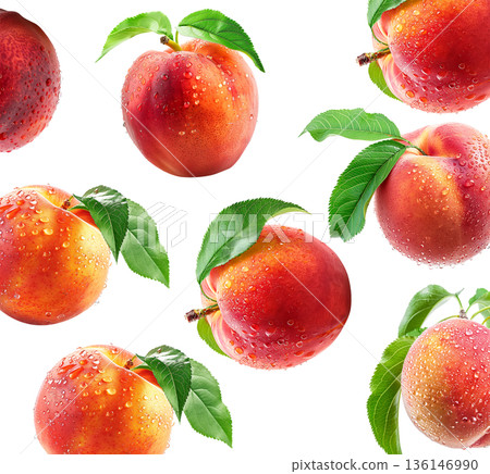 Whole and halved ripe peaches with green leaves and water droplets on white background, freshness and natural fruit concept Whole and halved ripe peaches with green leaves and water droplets on white background, freshness and natural fruit concept 136146990