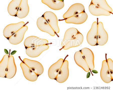 Juicy red yellow pear with water drops and sliced halves, isolated on white background, concept of freshness and fruit Juicy red yellow pear with water drops and sliced halves, isolated on white background, concept of freshness and fruit 136146992