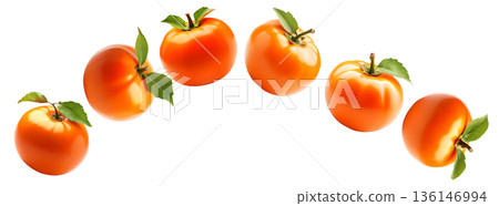 Multiple ripe orange persimmons with green leaves isolated on white background, concept of organic healthy food 136146994
