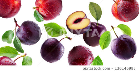 Juicy red and purple plums with green leaves and water droplets on white background, concept of freshness and healthy food 136146995