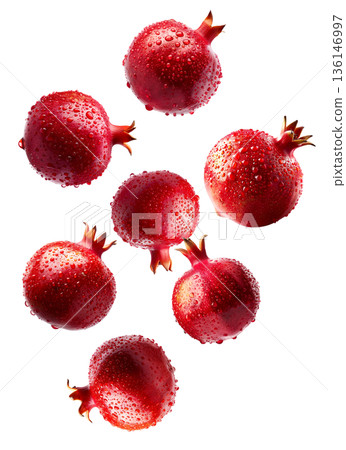 Multiple fresh red pomegranates with water droplets in a seamless pattern, isolated on a white background, concept of freshness 136146997