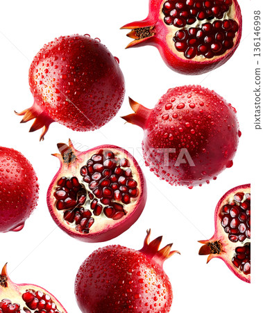 Multiple fresh red pomegranates with water droplets in a seamless pattern, isolated on a white background, concept of freshness 136146998