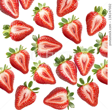Juicy whole and halved strawberries with green leaves scattered and isolated on white background, freshness and healthy eating Juicy whole and halved strawberries with green leaves scattered and isolated on white background, freshness and healthy eating 136147002