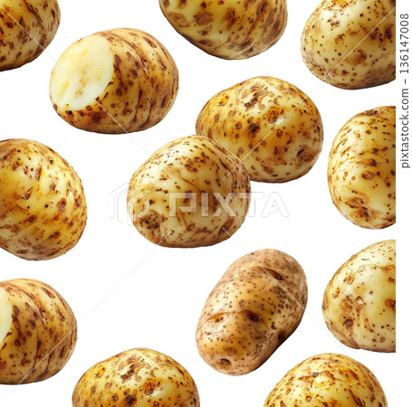 Fresh raw potatoes with skin, scattered and isolated on white background, concept of organic food ingredients Fresh raw potatoes with skin, scattered and isolated on white background, concept of organic food ingredients 136147008