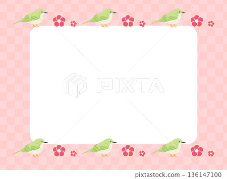 Pink Japanese pattern background with plum blossoms and Japanese white-eye Pink Japanese pattern background with plum blossoms and Japanese white-eye 136147100