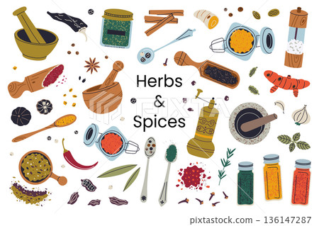 Herbs and spices set with mills, mortar and pestle, wooden spoons and jars with ground seasonings. Flat cartoon vector illustration about home cooking, spice preparation, traditional kitchen practices 136147287