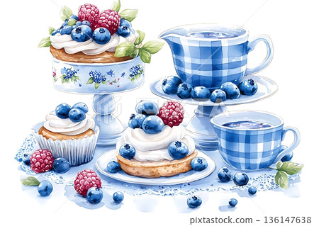 Delicious blueberry desserts with whipped cream and fresh raspberries on a decorative table 136147638