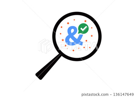 Magnifying Glass With Ampersand and Green Checkmark Symbol Inside A Circle of Stars, For Verification 136147649
