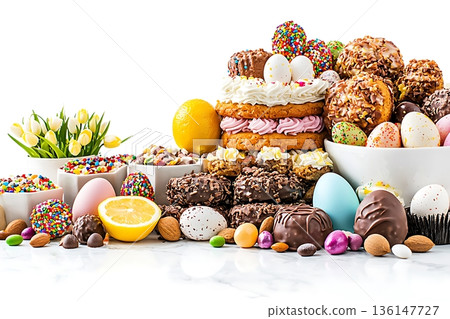 Colorful Easter Treats and Desserts with Chocolate, Donuts, Eggs, and Spring Flowers 136147727