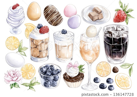 Colorful Collection of Desserts and Treats Including Ice Cream, Fruits, and Sweets 136147728