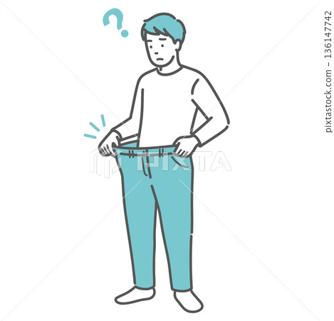 Illustration of a man who has lost weight rapidly and his pants are too loose (weight loss, diabetes, diet) 136147742