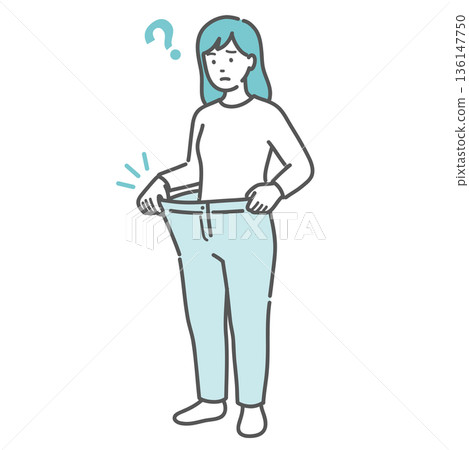 圖：一位體重快速下降的女性，她的褲子變得太鬆（減肥、糖尿病、格雷夫茲病） 136147750