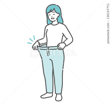 A woman who has successfully lost weight and is happy that her pants are now looser around the waist 136147751