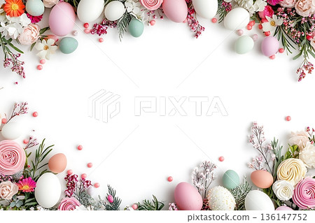 Colorful Easter Eggs and Flowers Arrangement on White Background for Spring Celebrations Colorful Easter Eggs and Flowers Arrangement on White Background for Spring Celebrations 136147752