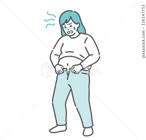 Illustration of a woman who is too fat to fit into her pants (obesity, metabolic syndrome, postpartum weight gain) 136147753