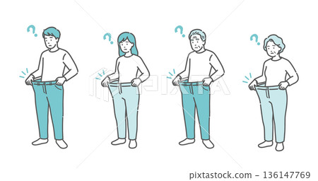 Illustration set of men and women of all ages who have lost weight rapidly and their pants are too loose (weight loss, diabetes, all generations) Illustration set of men and women of all ages who have lost weight rapidly and their pants are too loose (weight loss, diabetes, all generations) 136147769