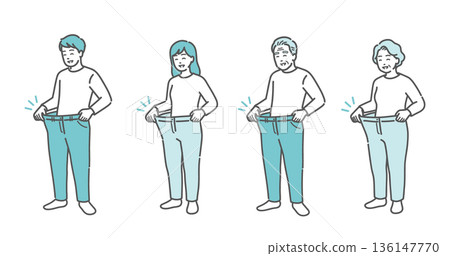 Illustration set of men and women of all ages who have successfully dieted and are now wearing loose pants (health, weight loss, all generations) 136147770