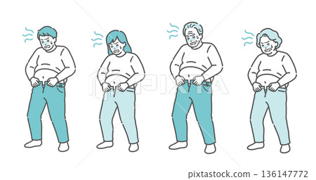Illustration set of men and women of all ages who are too fat to fit into their pants (obesity, metabolic syndrome, all generations) Illustration set of men and women of all ages who are too fat to fit into their pants (obesity, metabolic syndrome, all generations) 136147772
