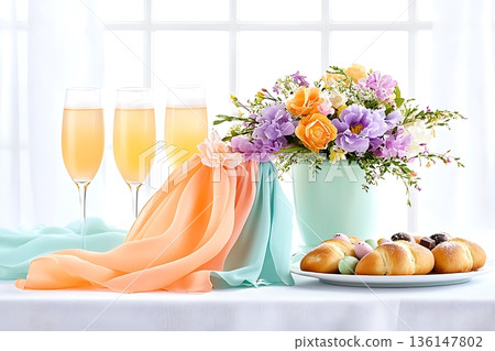 Elegant Table Arrangement with Flowers, Champagne, and Assorted Pastries for Celebration 136147802