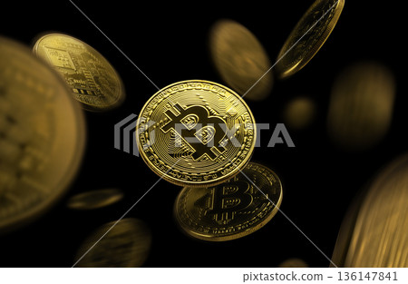 Golden coins drift in darkness. Bright gold bitcoin tokens move through dark environment with reflective surfaces highlighting intricate symbol design 136147841
