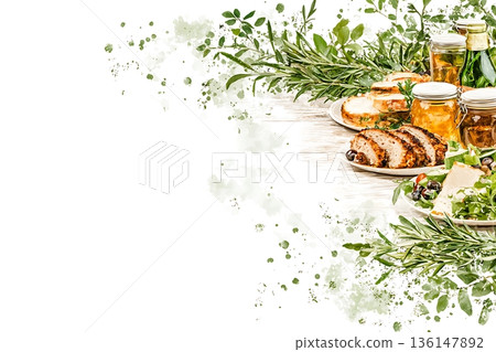 Gourmet Selection of Homemade Foods Featuring Fresh Ingredients and Classic Presentation 136147892