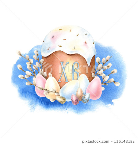 Traditional Easter composition icing cake, kulich, colorful eggs, willow twigs. Symbol of Christian Easter. Russian Letters Christ is Risen in center. Hand drawn Illustration on blue watercolor stain Traditional Easter composition icing cake, kulich, colorful eggs, willow twigs. Symbol of Christian Easter. Russian Letters Christ is Risen in center. Hand drawn Illustration on blue watercolor stain 136148182
