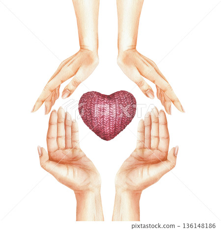 Knitted cozy heart between human palms. Symbol of love made of red yarn in women hands. Isolated illustration about charity and kindness. Watercolor hand-painted art on transparent background 136148186