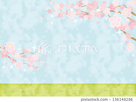 春日田園風光插畫，櫻花盛開，藍天白雲 | 水彩風格，風景畫，留白處可自由發揮 136148286