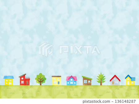 Spring landscape illustration of houses lined up against a grassland and blue sky | Watercolor style, landscape, copy space available Spring landscape illustration of houses lined up against a grassland and blue sky | Watercolor style, landscape, copy space available 136148287